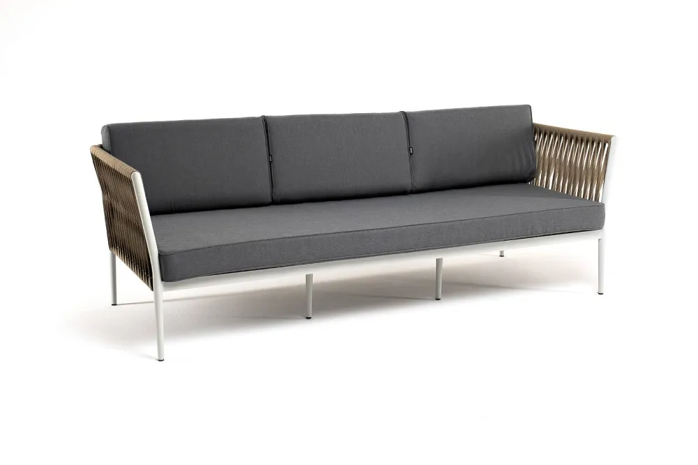 "Касабланка" диван 3-местный плетеный из роупа, каркас алюминий светло-серый (RAL7035) муар, роуп серо-коричневый 23мм, ткань серая 017