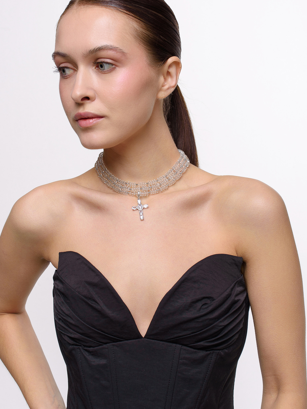 Колье "Trio cross" из горного хрусталя Silver