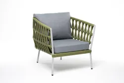 "Диего" кресло плетеное из роупа, каркас алюминий светло-серый (RAL7035) муар, роуп салатовый меланж круглый, ткань светло-серая