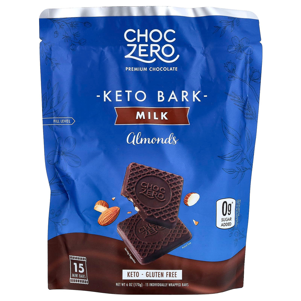 ChocZero, Keto Bark, молочный шоколад, миндаль, 15 мини-батончиков, 170 г (6 унций)