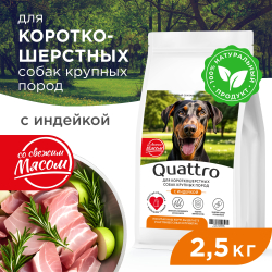 Корм сухой для взрослых собак крупных пород, премиум полнорационный комплекс, для короткошерстных собак, с индейкой, 2,5 кг, QUATTRO
