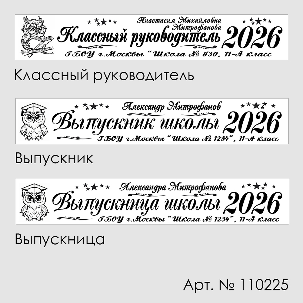 Лента наградная "Выпускник 11 класс". Арт. № 02, цвета в ассортименте.