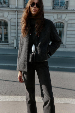 ZARA КОРОТКОЕ БУКЛИРОВАННОЕ ПАЛЬТО С ШАРФОМ, ТЕМНО-СЕРЫЙ