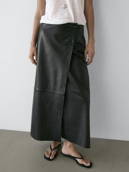 Massimo Dutti Юбка миди из кожи наппа со швами, черный