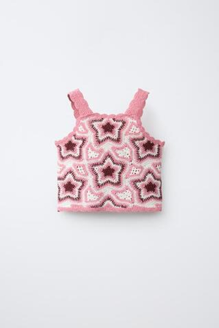 ZARA ТОП ИЗ КРУЖЕВА КРОШЕ СО ЗВЕЗДАМИ, РОЗОВАТЫЙ