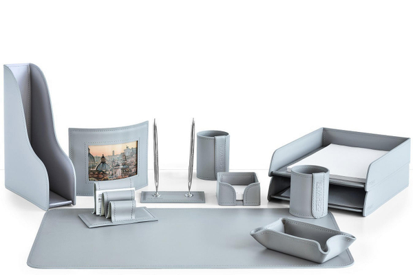 Набор настольный офисный 11 предметов из кожи, цвет серый
