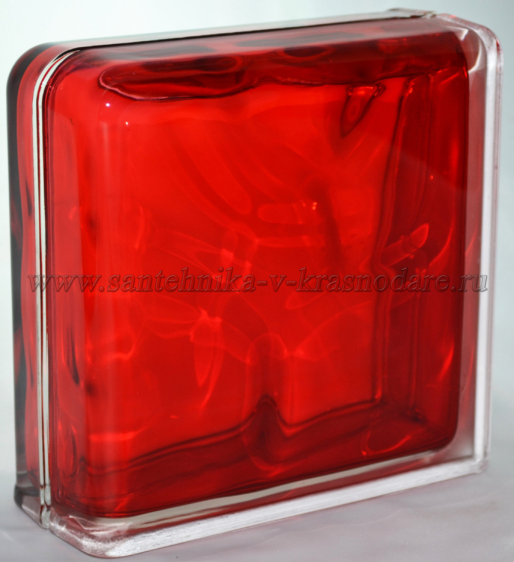 Завершающий стеклоблок красный волна окрашенный изнутри Vitrablok 19x19x8