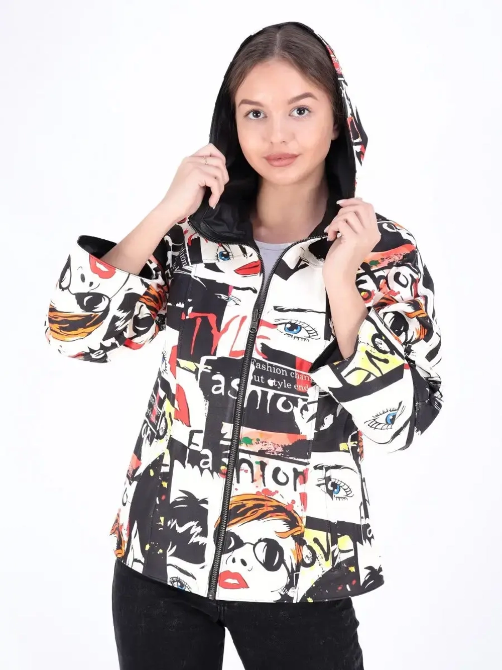 Куртка весна кожаная с капюшоном двухсторонняя