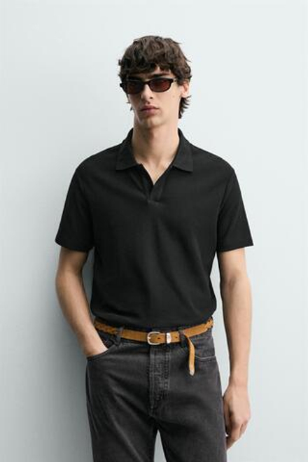 ZARA ПОЛО REGULAR FIT ИЗ ХЛОПКА С РЕЛЬЕФНЫМ УЗОРОМ, ЧЕРНЫЙ