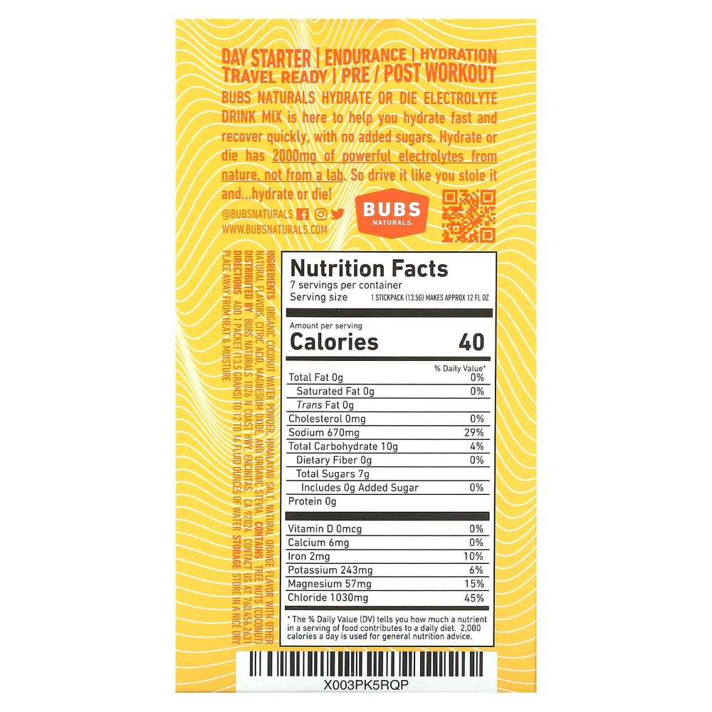 BUBS Naturals, Hydrate or Die, смесь для приготовления электролитов, апельсин, 7 палочек по 13,5 г (0,4 унции)
