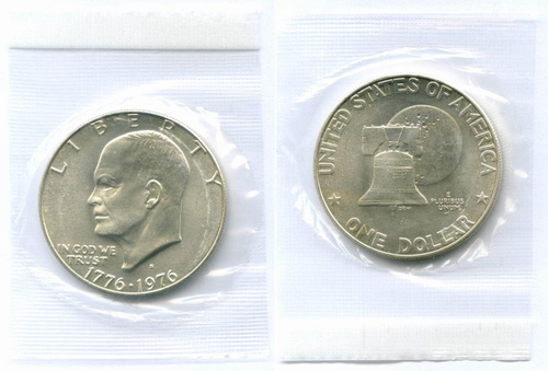 1 доллар 1976 год (S). США. 200-летие Декларации независимости. Серебро, диаметр 38.1 мм. UNC в родной запайке