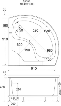 Душевой поддон акриловый высокий Bas Арона 100х100см. схема