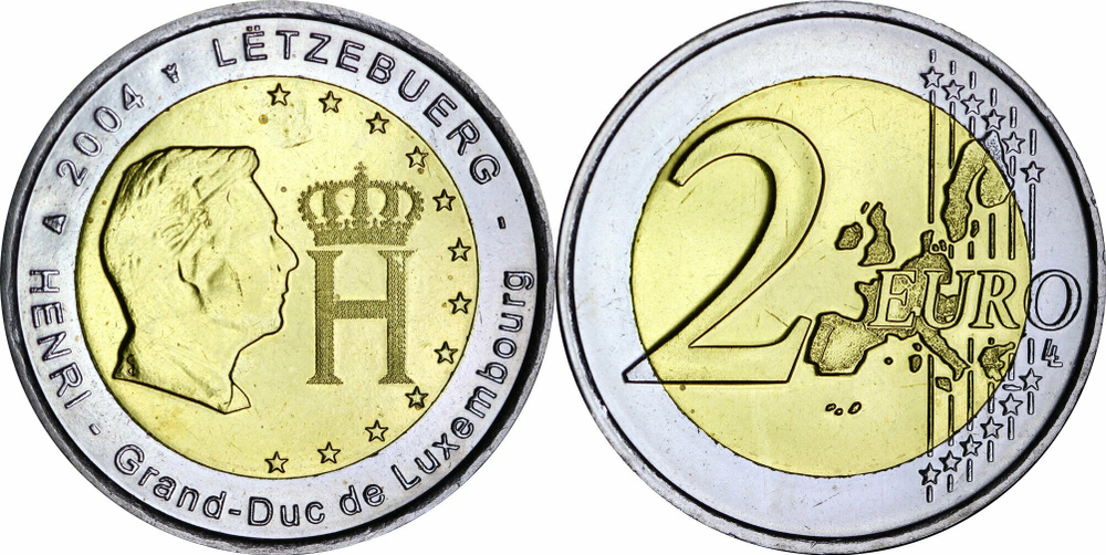 Люксембург 2 евро, 2004 Портрет и монограмма герцога Люксембурга Анри Нассау XF