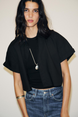 ZARA УКОРОЧЕННАЯ РУБАШКА ИЗ ПОПЛИНА, ЧЕРНЫЙ