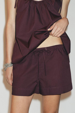 ZARA МИНИ-ШОРТЫ ИЗ ПОПЛИНА, БОРДОВЫЙ