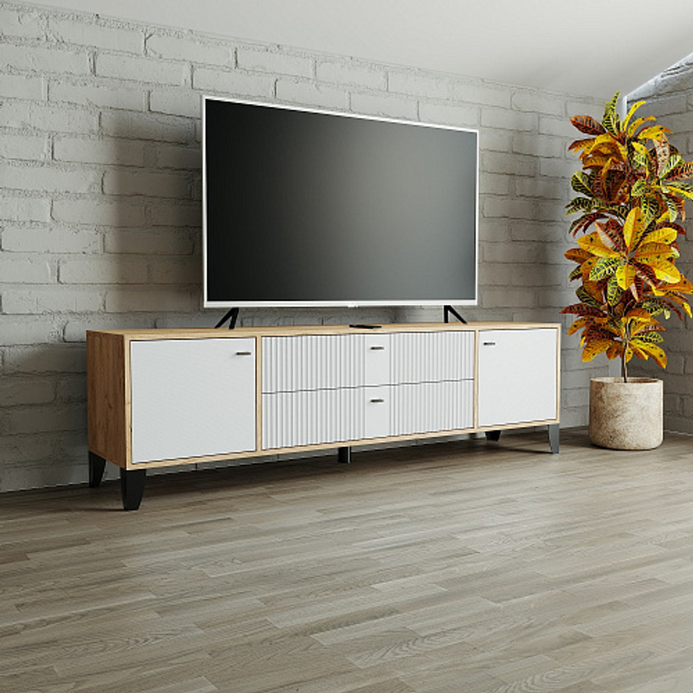 Тумба под телевизор Парус-10, Дуб крафт золотой, Карбон фарфор