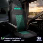 Чехлы сидений для грузовиков MAN TGX, TGS с 2021 года (без регулировки ремня безопасности водителя по высоте). Черный цвет, зеленая вставка. Экокожа, ромб - 2шт