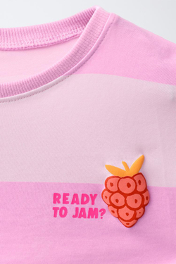 ZARA ФУТБОЛКА В ПОЛОСКУ С РЕЛЬЕФНЫМ ПРИНТОМ ФРУКТОВ, РОЗОВЫЙ