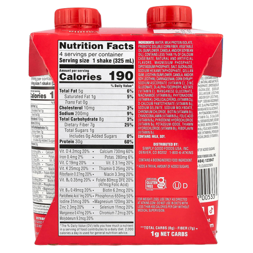 Atkins, Strong, высокопротеиновый коктейль, ваниль, 4 коктейля, 325 мл (11 жидк. Унций)