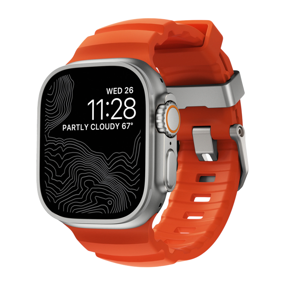 Спортивный ремешок Nomad Rocky Point Band Limited Edition для Apple Watch 44, 45, 46 мм и Ultra 2–3 Водостойкий ремешок из фторэластомера с классической застёжкой из титана 5-го класса. На запястье обхватом 145–195 мм
