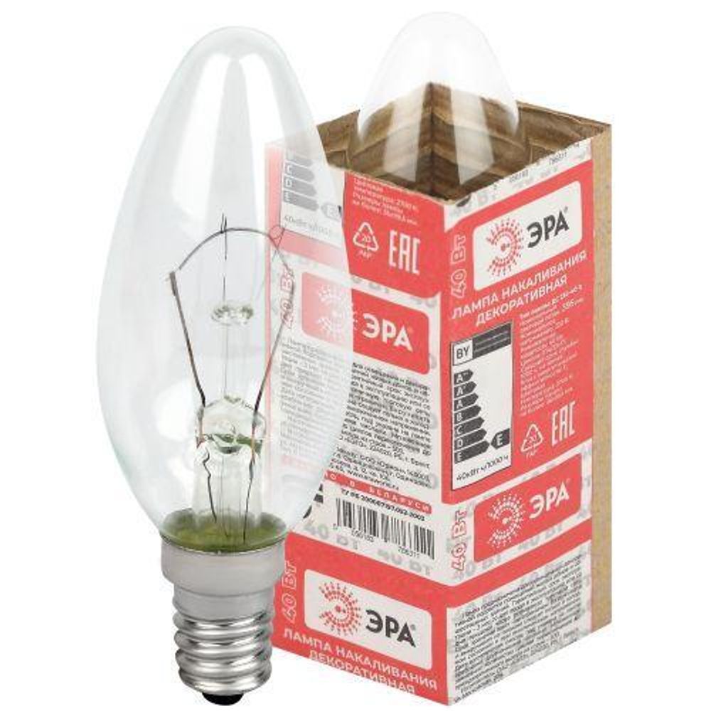 Лампа накаливания ДС 40-230-Е14 40Вт свеча (B36) 230В Е14 ЭРА Б0039125 Лампа накаливания ДС 40-230-Е14 40Вт свеча (B36) 230В Е14 ЭРА Б0039125