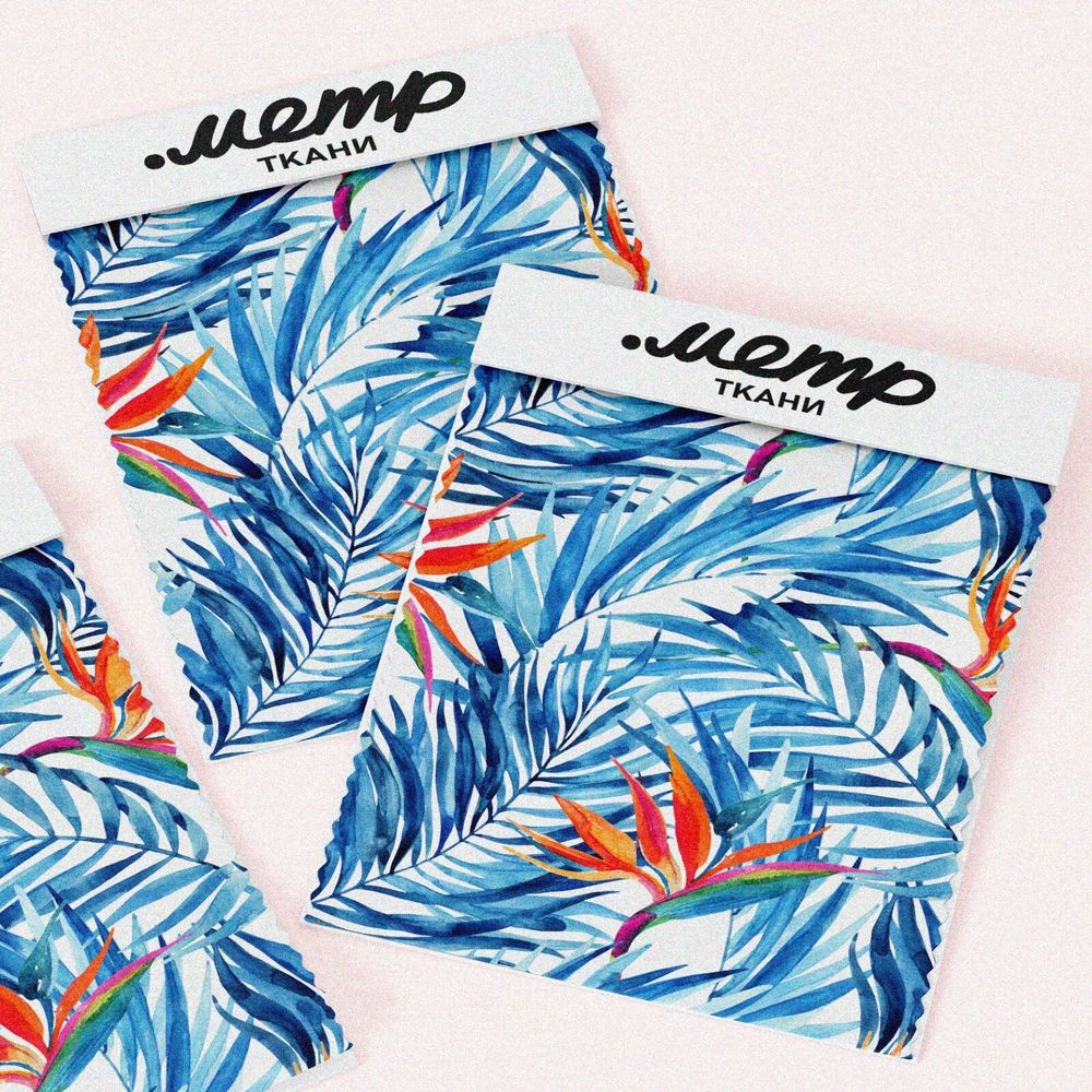 Ткань габардин синие раскидистые листья с оранжевыми