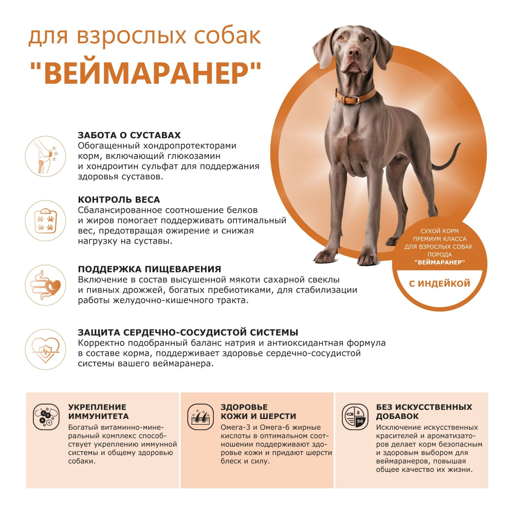 Корм сухой для взрослых собак породы Веймаранер, премиум полнорационный комплекс, с индейкой, 2,5 кг, QUATTRO