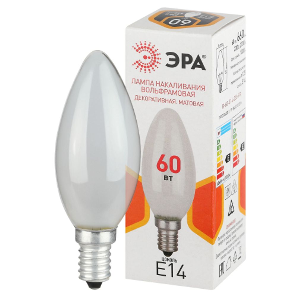 Лампочка ЭРА B36 60Вт Е14 / E14 230В накаливания свечка матовая