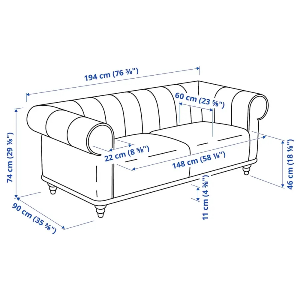 2-местный диван - IKEA VISKAFORS,  74x90x194см, черный, ВИСКАФОРС ИКЕА