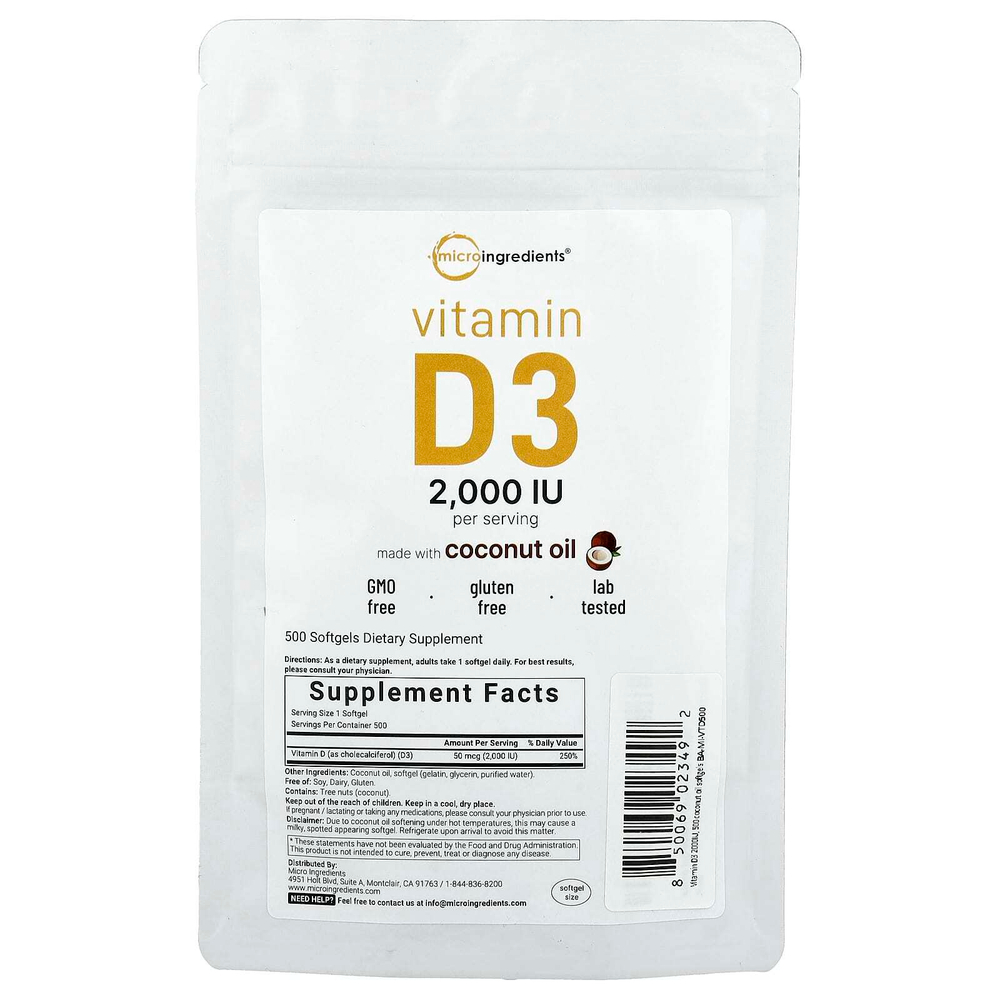 Micro Ingredients, витамин D3, 2000 МЕ, 500 мягких таблеток