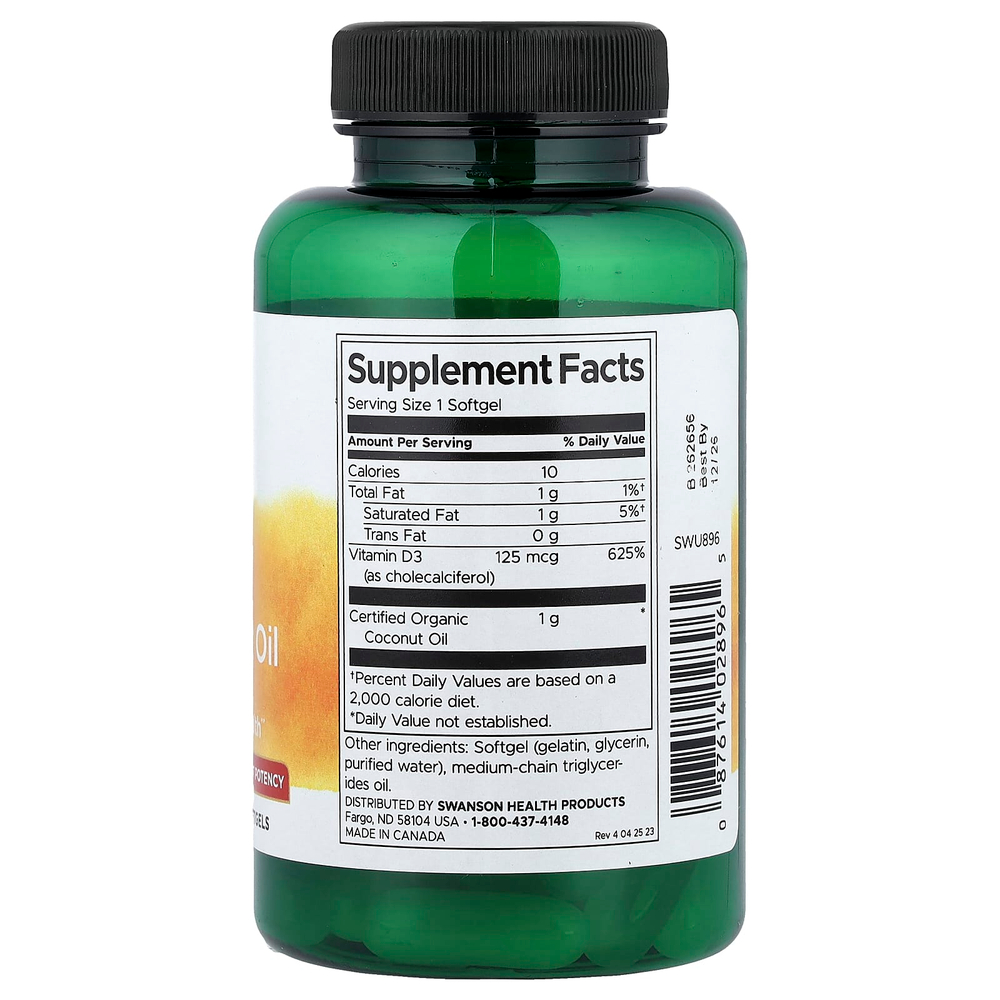 Swanson, витамин D3 с кокосовым маслом, максимальная эффективность, 60 мягких таблеток