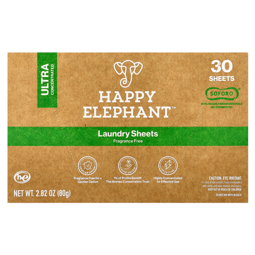 Happy Elephant, Белье для стирки, без отдушек, 30 листов, 80 г (2,82 унции)