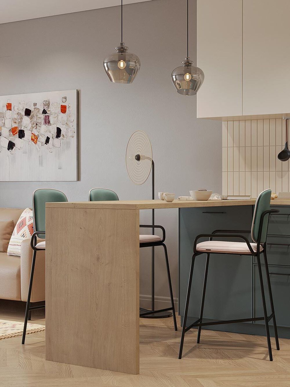 Стул полубарный Ror, 2 Frame, велюр, черный/зеленый/розовый