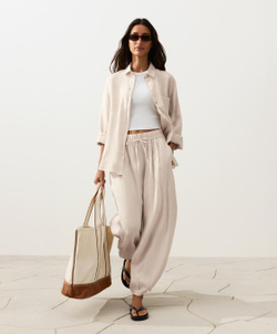 Oysho Брюки-баллоны из 100% льна, песочный меланж