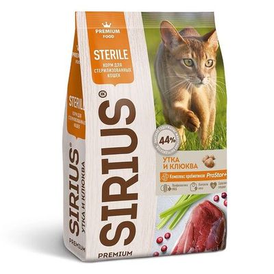 Полнорационный сухой корм SIRIUS PREMIUM для стерилизованных кошек с уткой и клюквой, Пакет 400 г