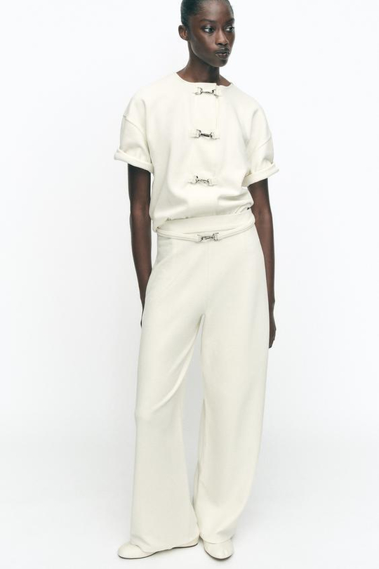 ZARA ШИРОКИЕ БРЮКИ С ПРЯЖКОЙ, ЭКРЮ