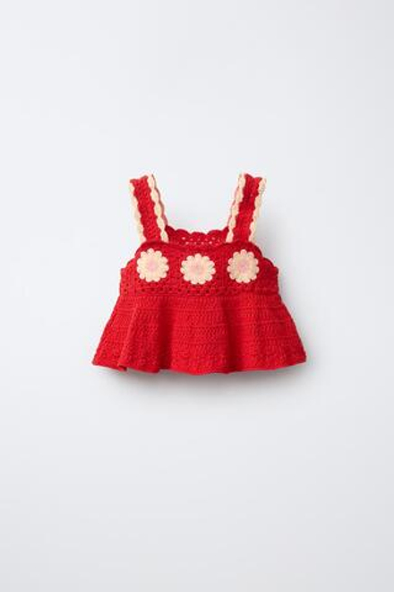 ZARA ТОП ИЗ ВЯЗАНОГО КРЮЧКОМ ПОЛОТНА С ЦВЕТАМИ, КРАСНЫЙ