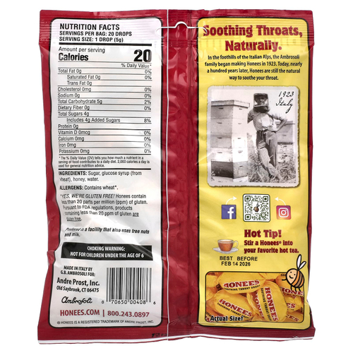 Honees, успокаивающие леденцы для горла с мёдом, 20 шт.
