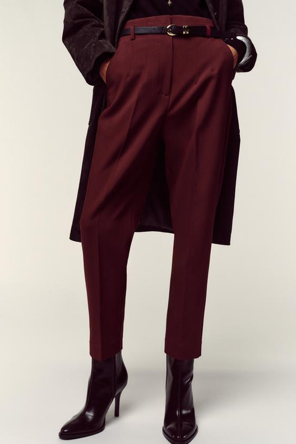 ZARA БРЮКИ С ВЫСОКОЙ ПОСАДКОЙ И РЕМНЕМ, БУРГУНДИ
