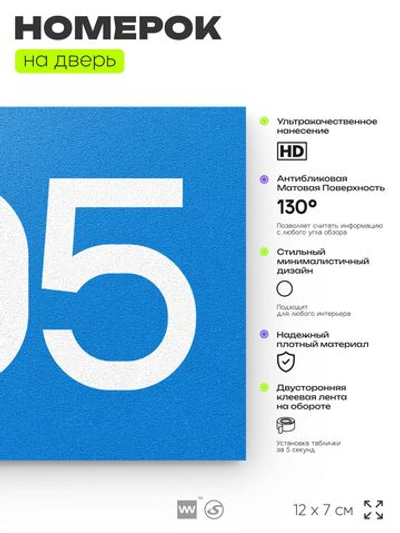 Номер на дверь 905, табличка на дверь для офиса, квартиры, кабинета, аудитории, склада, голубая 120х70 мм, Айдентика Технолоджи