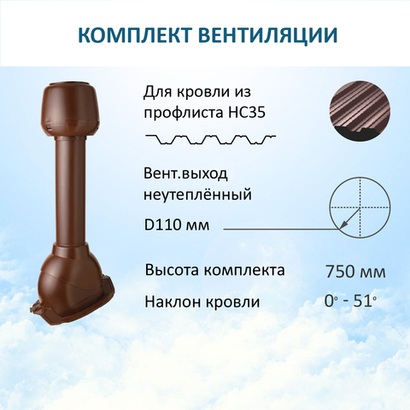 Комплект вентиляции: Колпак D110, вент. выход 110, для кровельного профнастила 35мм, коричневый