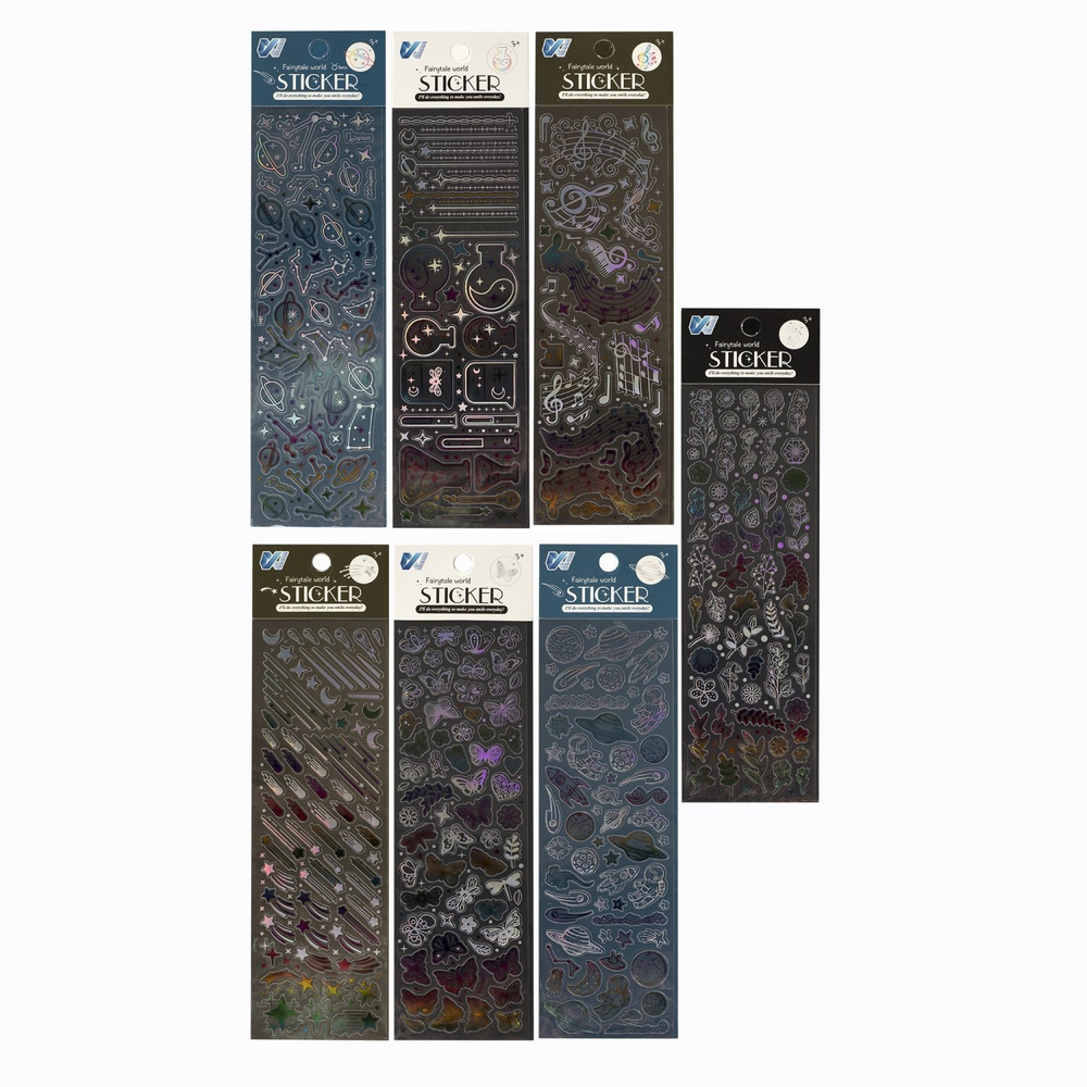 Наклейки детские Alingar, 7 см х 26 см, "Темные", (космос, бабочки, цветы, химия, музыка), ПВХ, тиснение, пакет с европодвесом