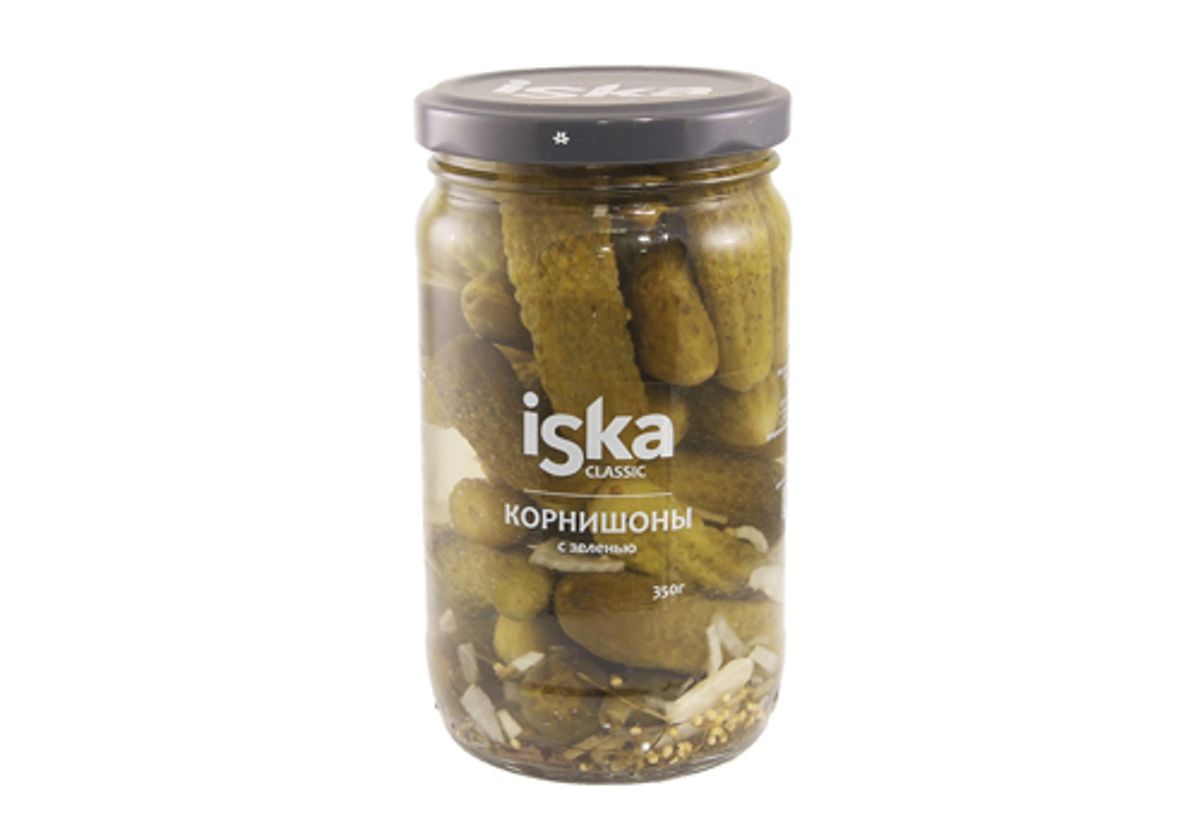 Огурцы корнишоны с зеленью Iska, 350г