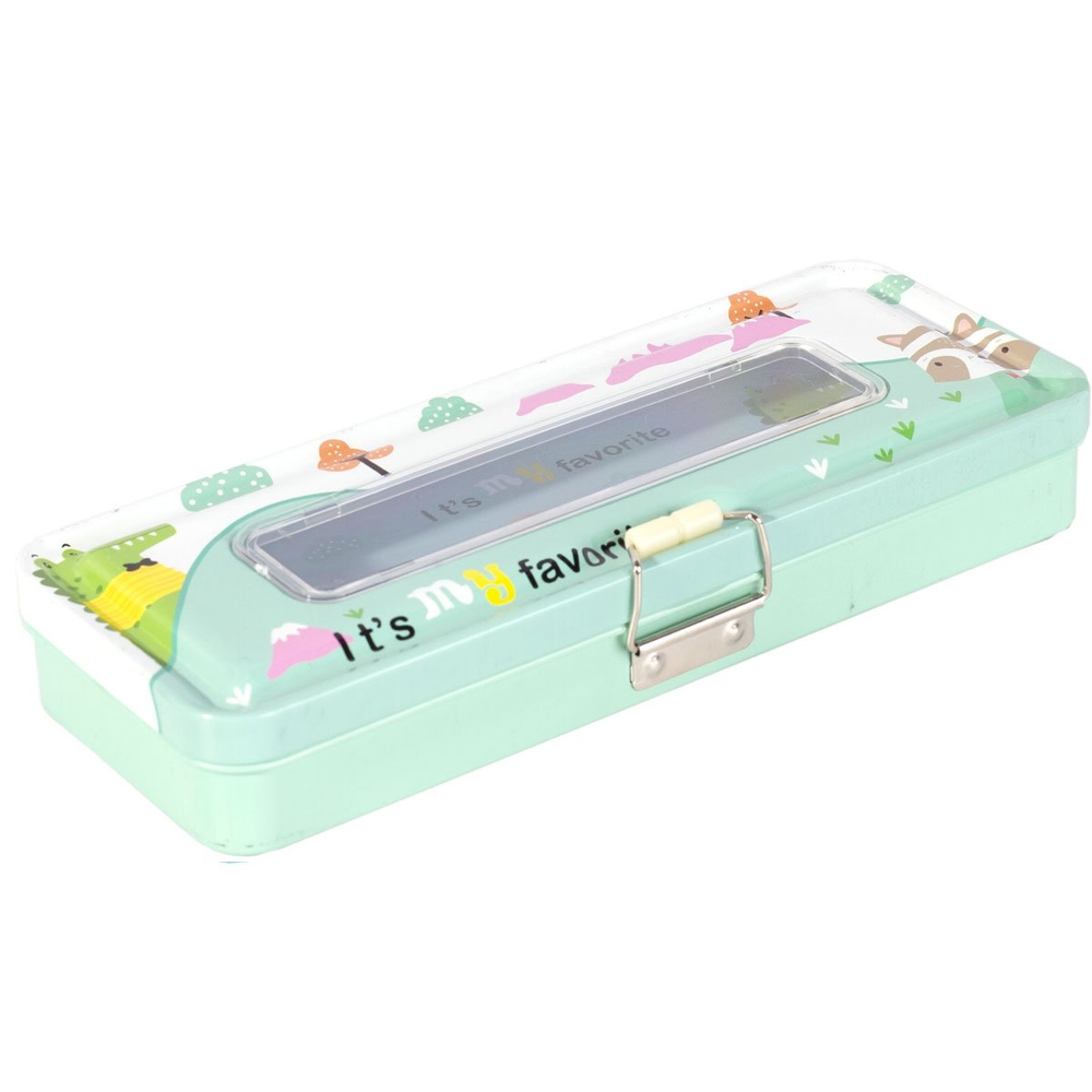 Пенал металлический 2 отделения Alingar, таблица умножения, окошко на крышке 80 х 200 мм, "Зверята", ассорти, надпись "It's my favorite"