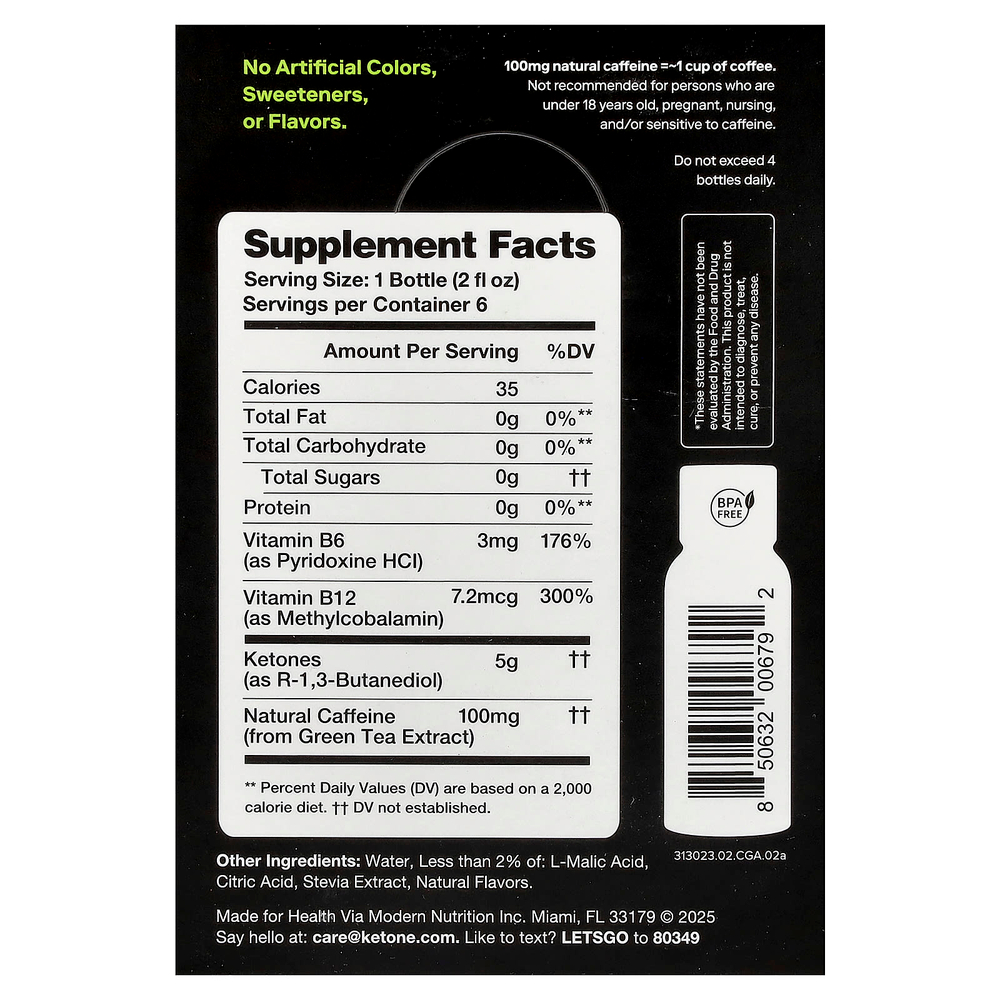 Ketone-IQ, Energy Shot, зеленое яблоко, 6 флаконов по 59 мл (2 жидк. унции)
