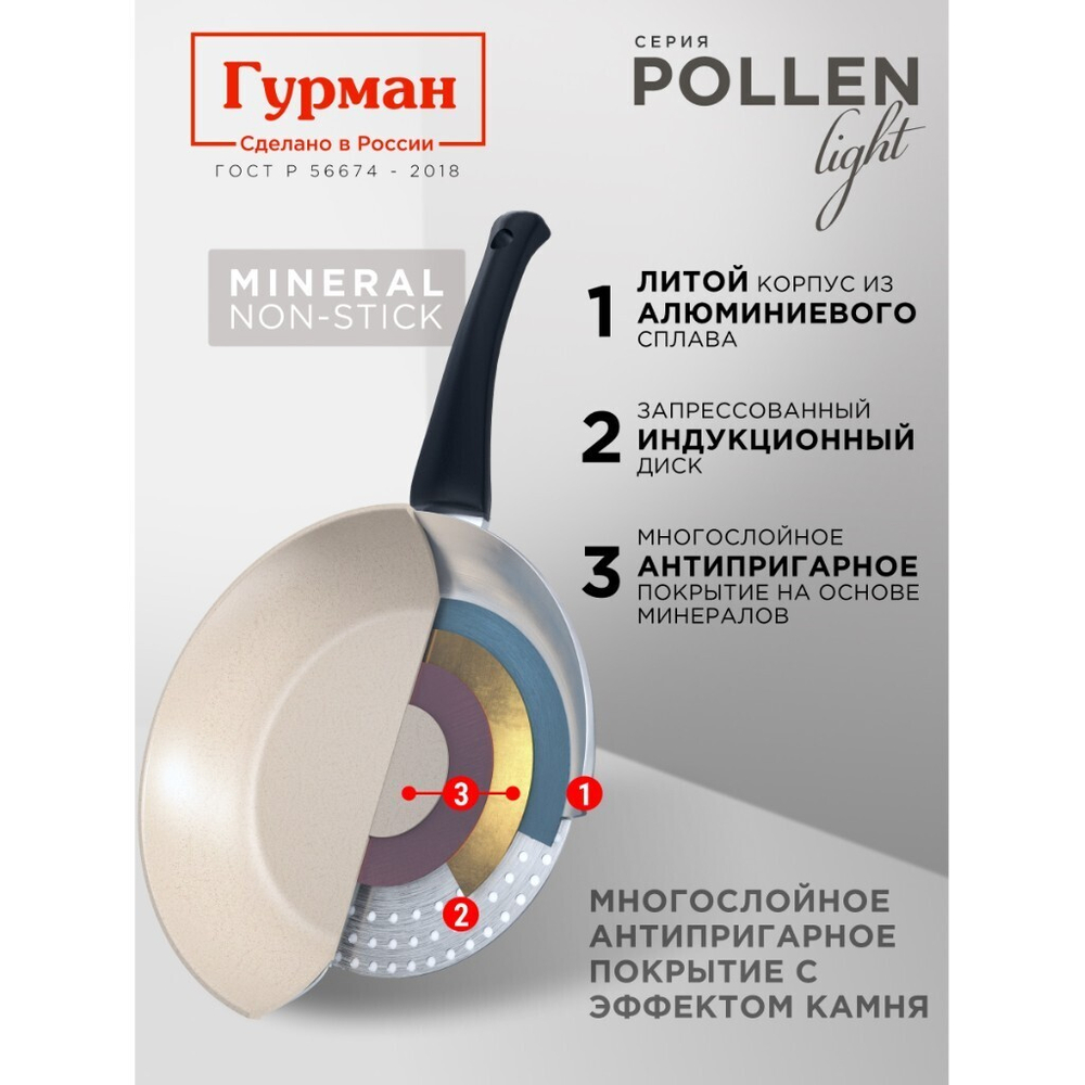 Сковорода литой алюминий, 28 см, антиприг, Гурман, Pollen light, индукц, ГМ2801ПЛИ