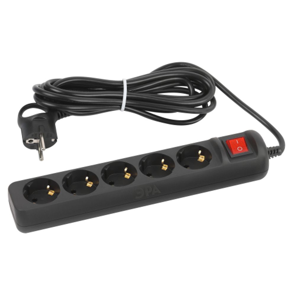 Удлинитель электрический ЭРА UX-5es-5m-B с заземлением с выключателем 5 розеток 5 м ПВС 3x0,75мм2 10А черный | Бытовые удлинители