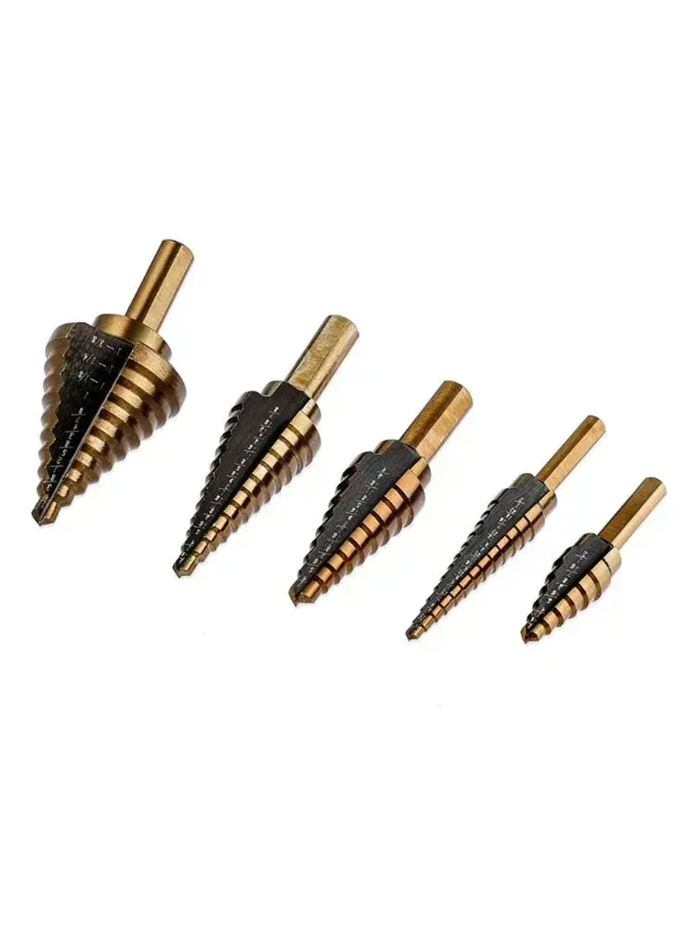 Набор ступенчатых сверл по металлу с титановым покрытием в кейсе 5шт, трехгранный хвостовик/сверла по металлу