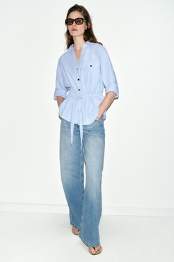 ZARA РУБАШКА-САФАРИ ИЗ ПОПЛИНА, ГОЛУБОЙ