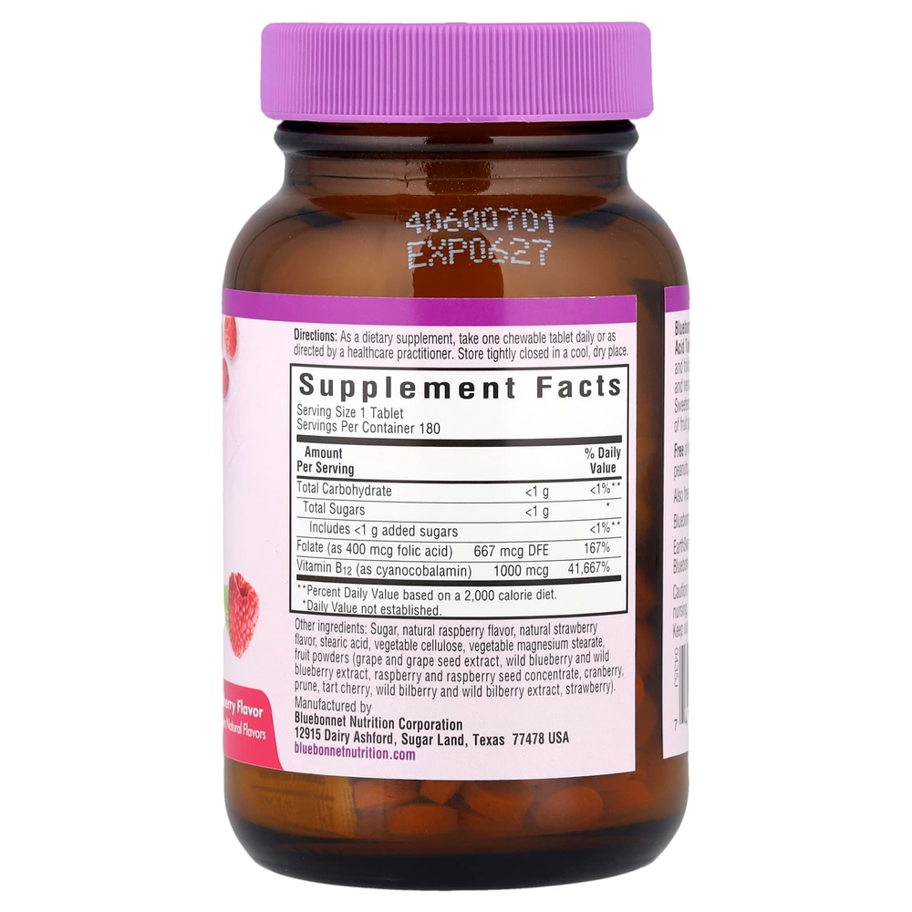 Bluebonnet Nutrition, EarthSweet, витамин B-12 и фолиевая кислота, натуральный малиновый ароматизатор, 180 жевательных таблеток
